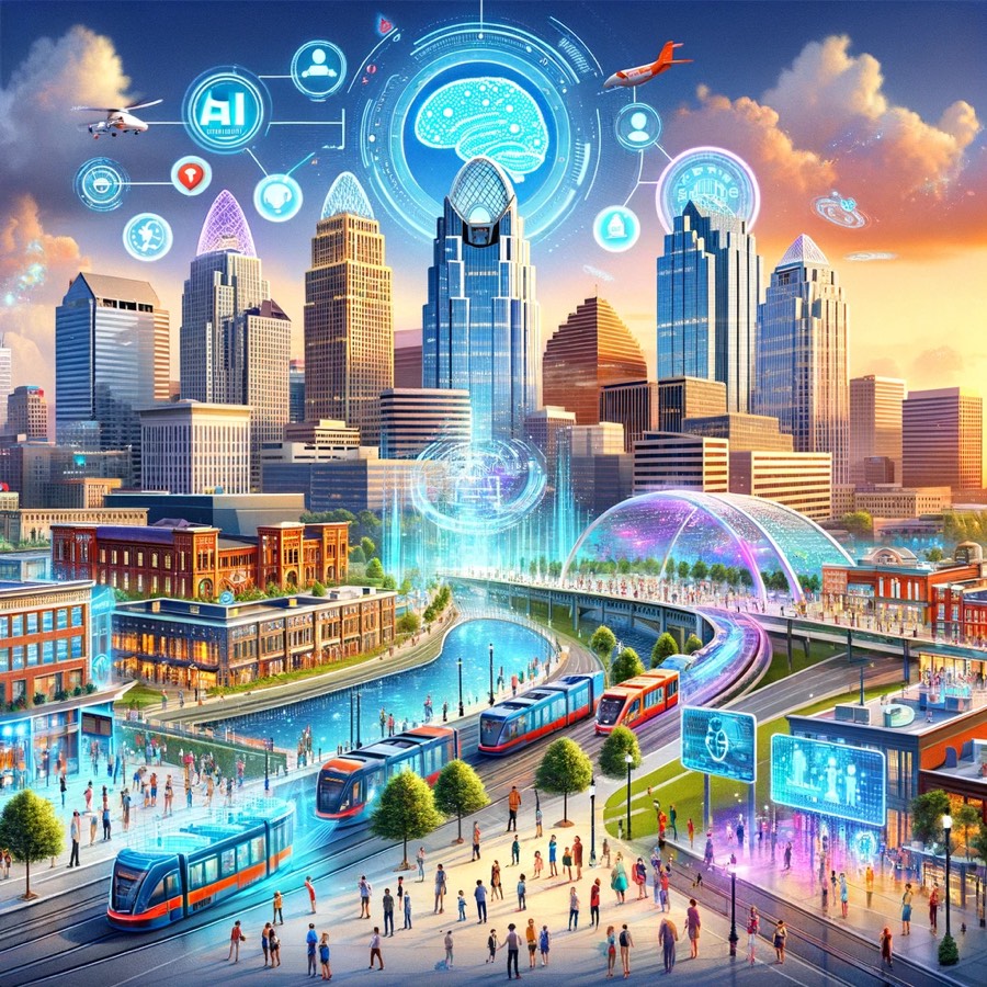 An AI-reimagined illustration of the Cincinnati skyline and riverfront.